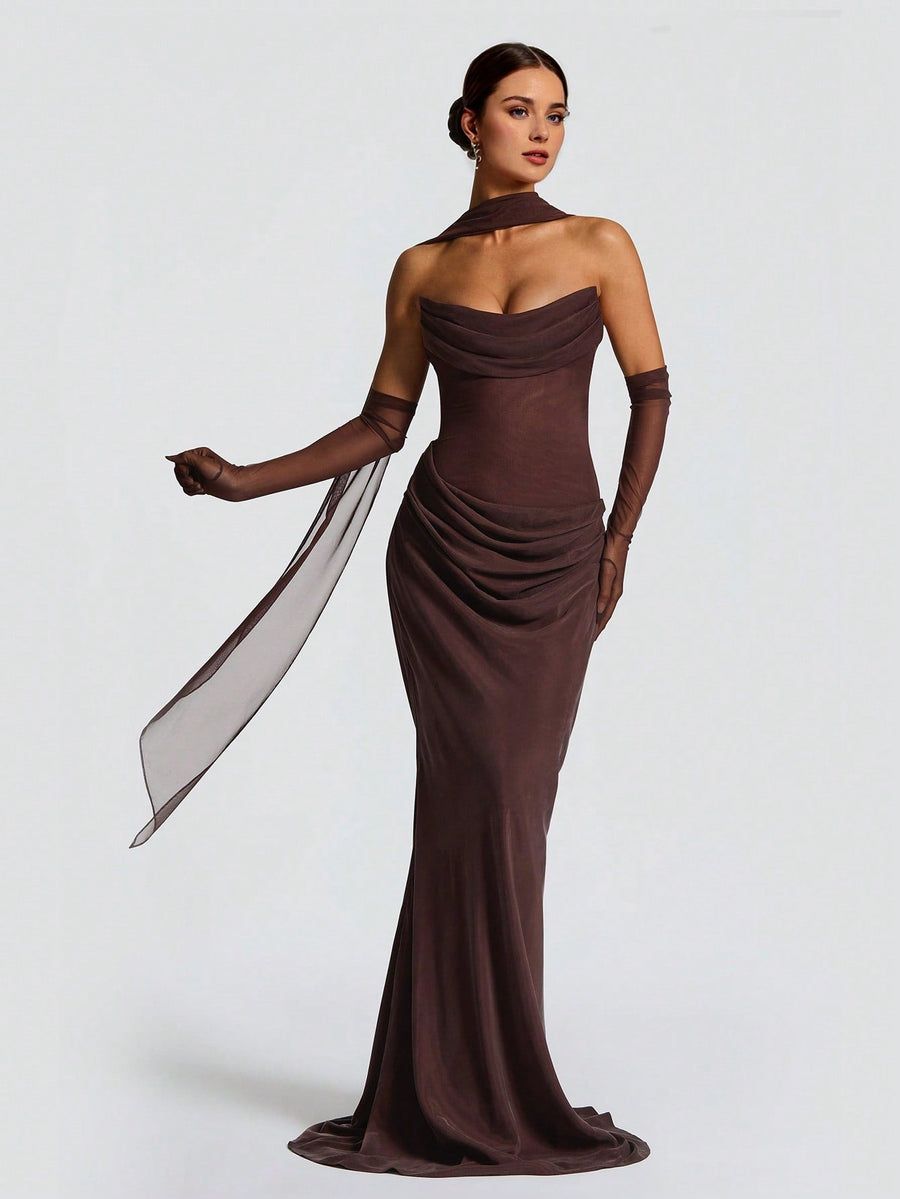 Monroe Capri — Strapless Ruched Maxi Dress With Neck Scarf, alternate view 2