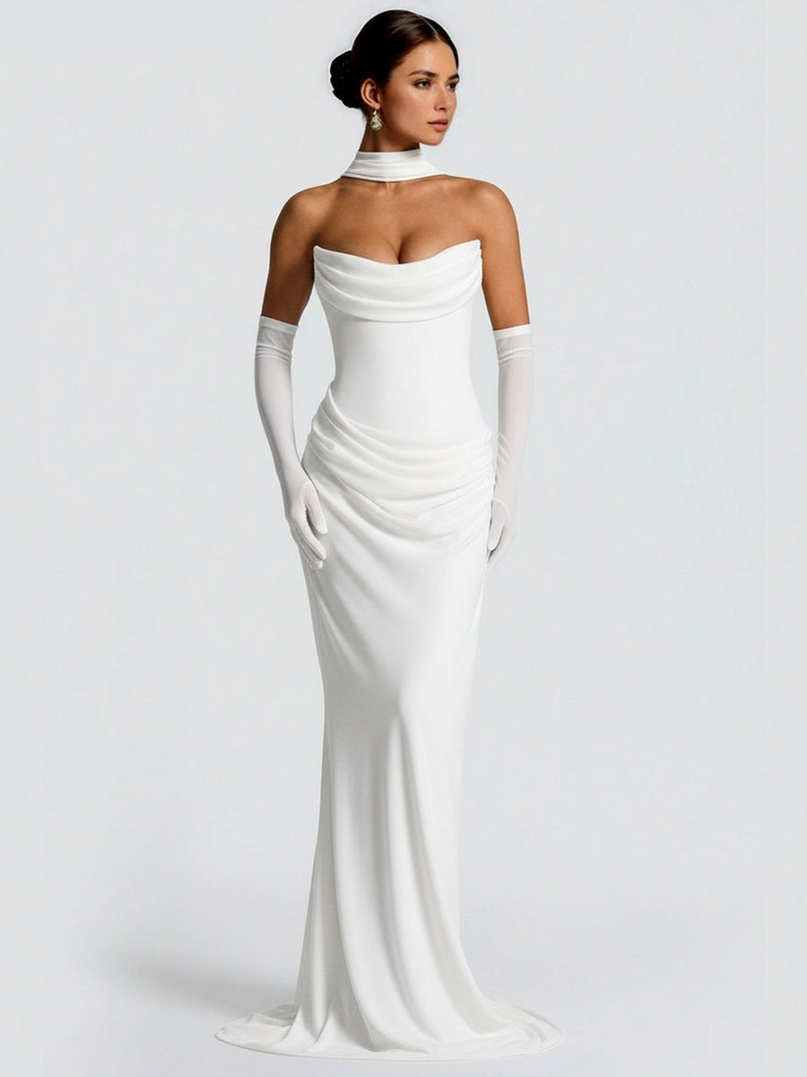 Trägerloses Maxi-Kleid mit Raffungen und Halstuch