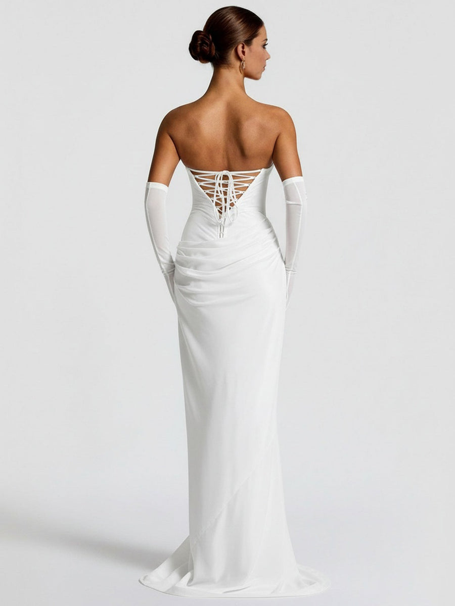 Trägerloses Maxi-Kleid mit Raffungen und Halstuch