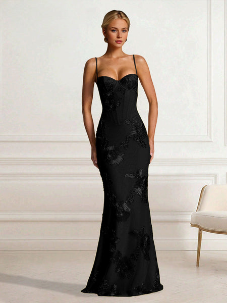 Geblümtes, besticktes rückenfreies Schnür-Fischschwanzkleid