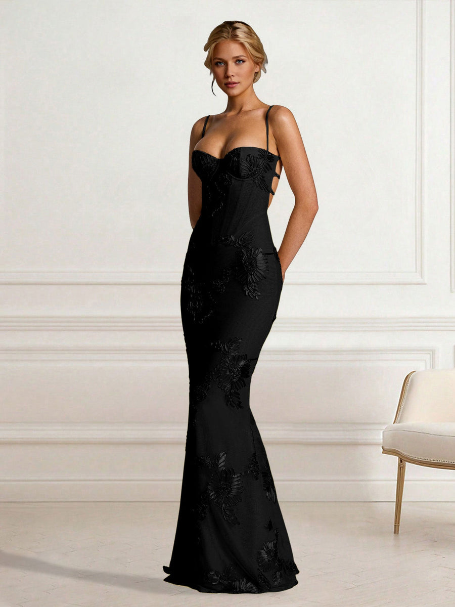 Geblümtes, besticktes rückenfreies Schnür-Fischschwanzkleid