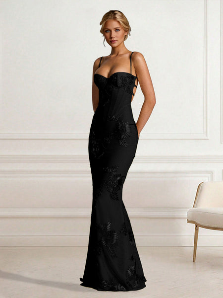 Geblümtes, besticktes rückenfreies Schnür-Fischschwanzkleid