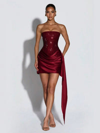 Reese Siena — Strapless Rhinestone Ruched Draped Mini Dress