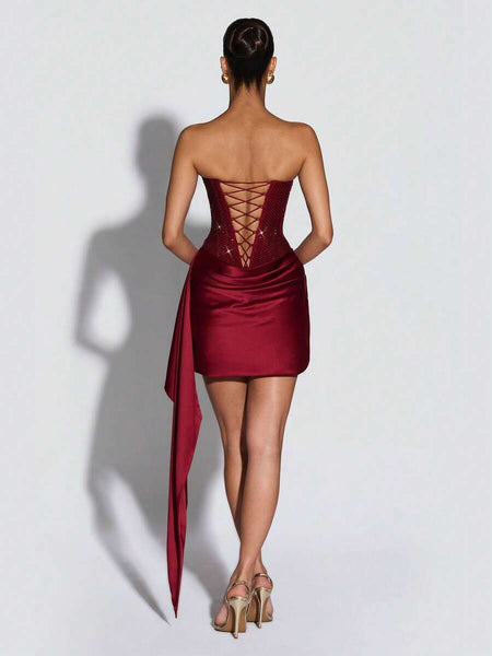 Strapless Rhinestone Ruched Draped Mini Dress