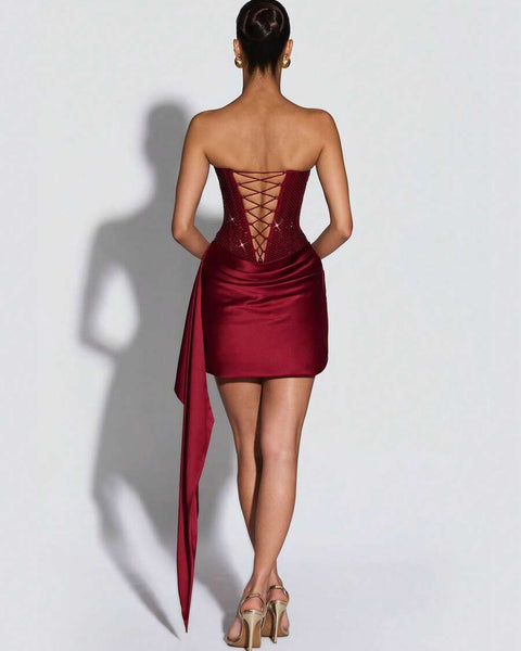 Strapless Rhinestone Ruched Draped Mini Dress