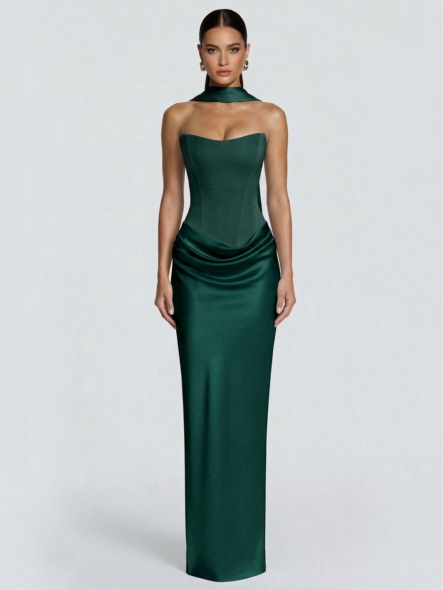 Monroe Monaco — Ruched Strappy Satin Dress With Neck Scarf