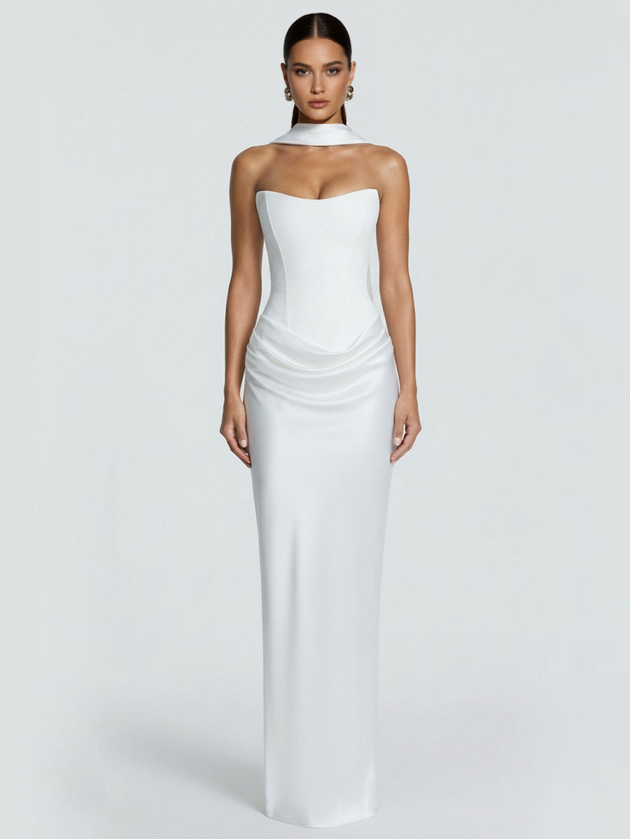 Monroe Monaco — Ruched Strappy Satin Dress With Neck Scarf, alternate view 2