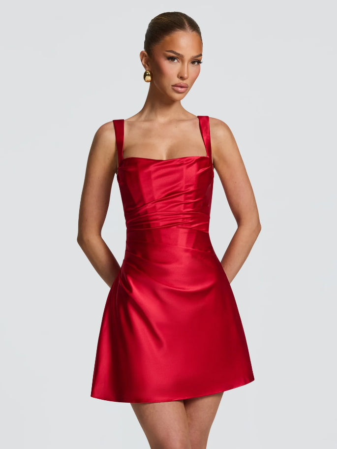Minikleid aus Satin mit eckigem Ausschnitt und Falten