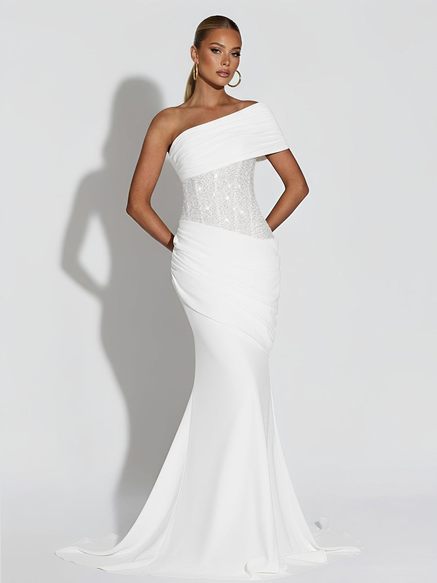 Asymmetrisches, paillettenbesetztes, gerafftes Meerjungfrauenkleid