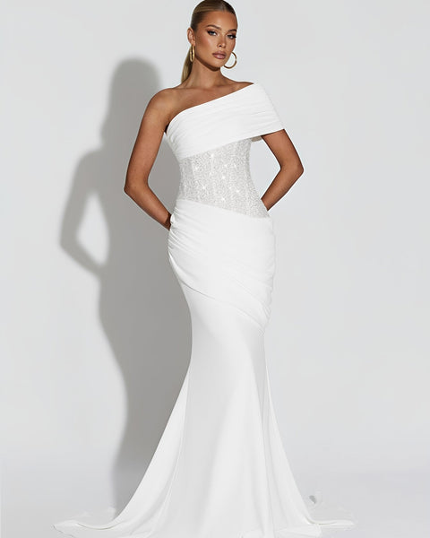 Asymmetrisches, paillettenbesetztes, gerafftes Meerjungfrauenkleid