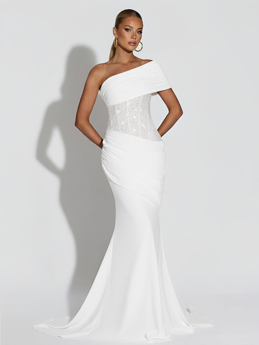 Nova Capri — Slanted Shoulder Sequined Ruched Fishtail Dress