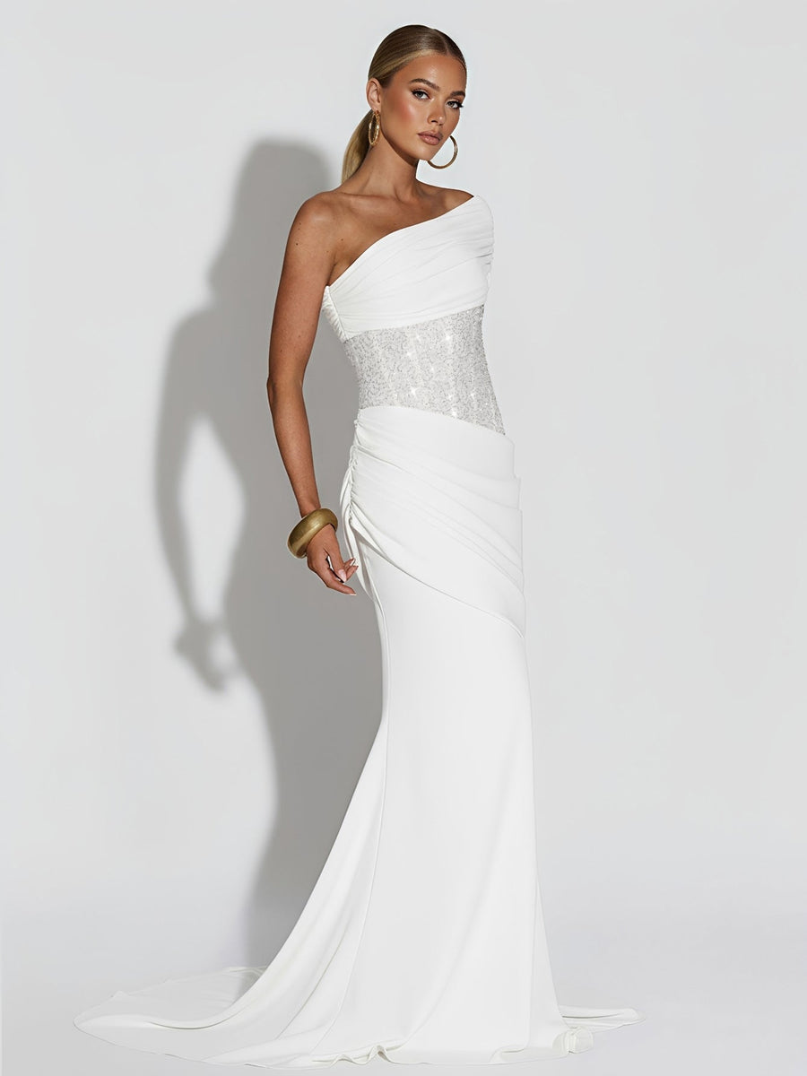 Asymmetrisches, paillettenbesetztes, gerafftes Meerjungfrauenkleid