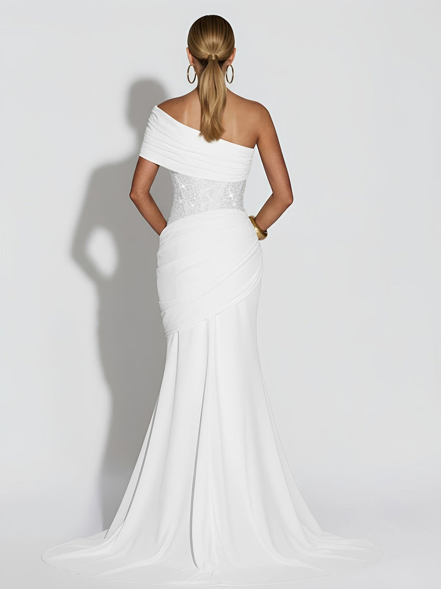 Asymmetrisches, paillettenbesetztes, gerafftes Meerjungfrauenkleid