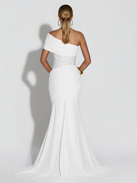 Asymmetrisches, paillettenbesetztes, gerafftes Meerjungfrauenkleid