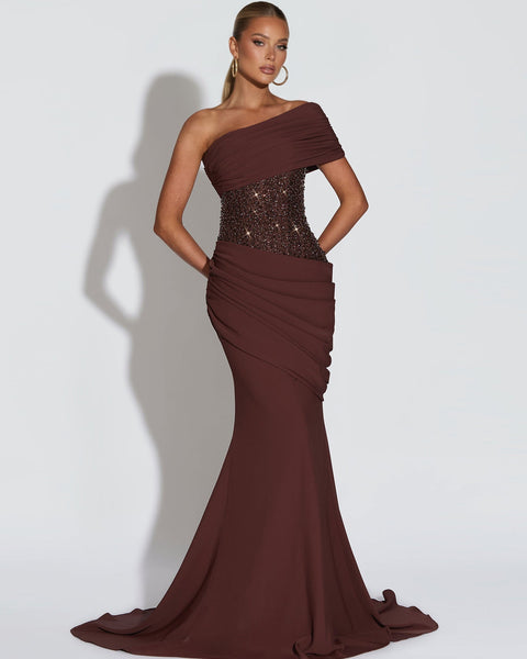 Asymmetrisches, paillettenbesetztes, gerafftes Meerjungfrauenkleid
