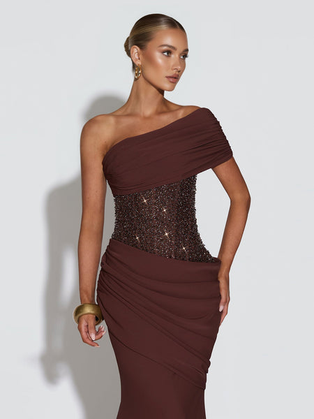 Asymmetrisches, paillettenbesetztes, gerafftes Meerjungfrauenkleid