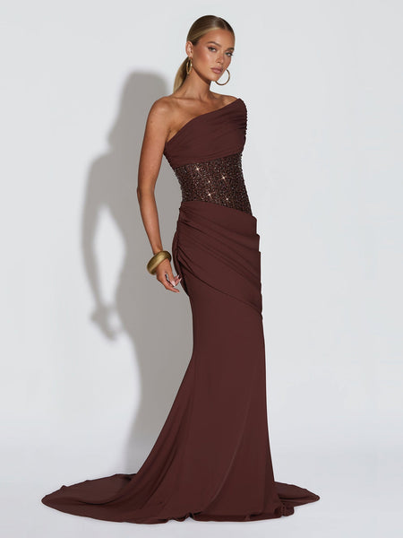 Asymmetrisches, paillettenbesetztes, gerafftes Meerjungfrauenkleid