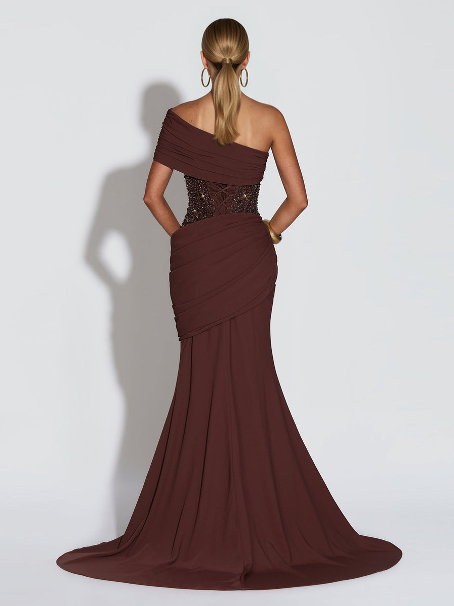 Asymmetrisches, paillettenbesetztes, gerafftes Meerjungfrauenkleid