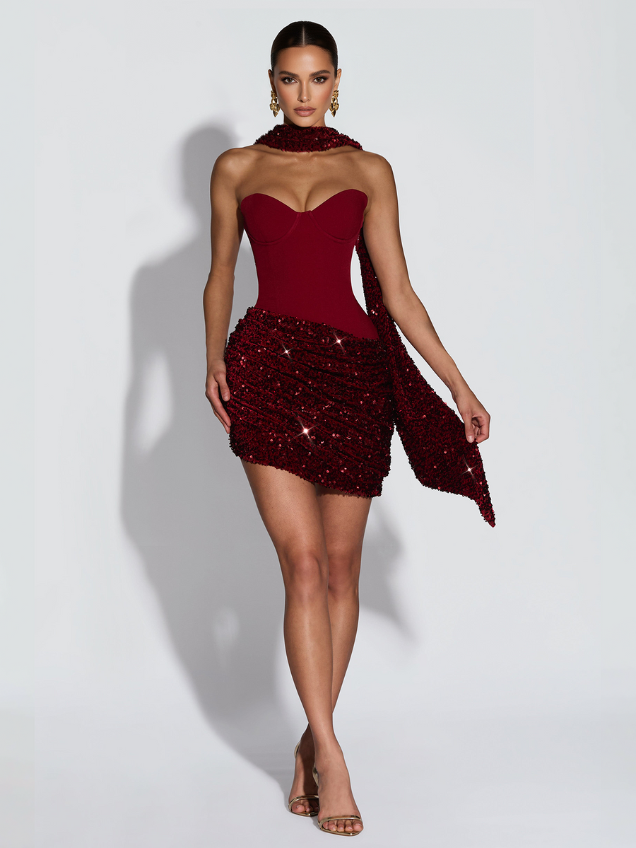 Ivory Capri — Sequin Pleated Mini Dress With Neck Scarf