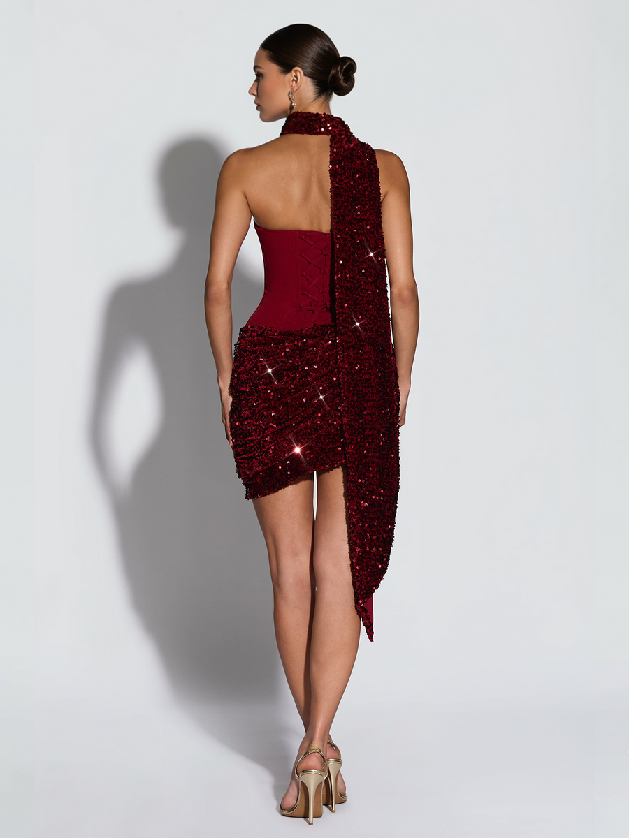 Pailletten-Plissee-Minikleid mit Halstuch