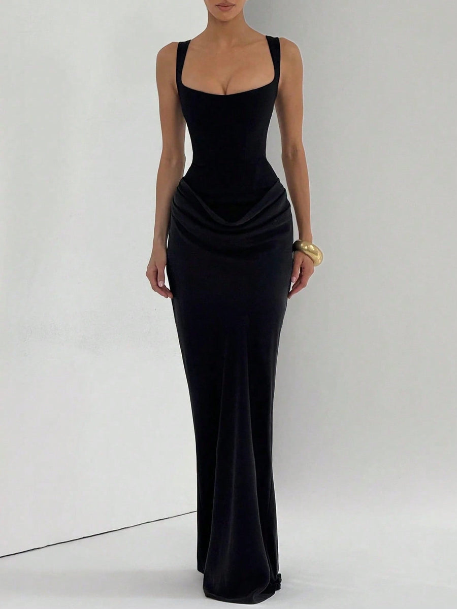 Strappy Ruched Girdle Satin Maxi Dress