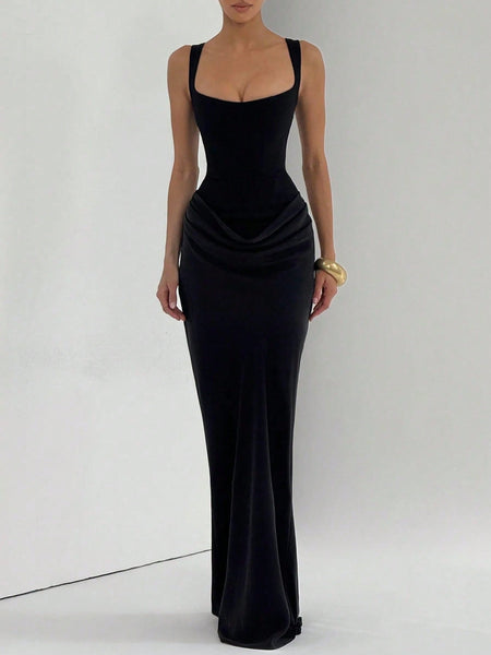 Strappy Ruched Girdle Satin Maxi Dress