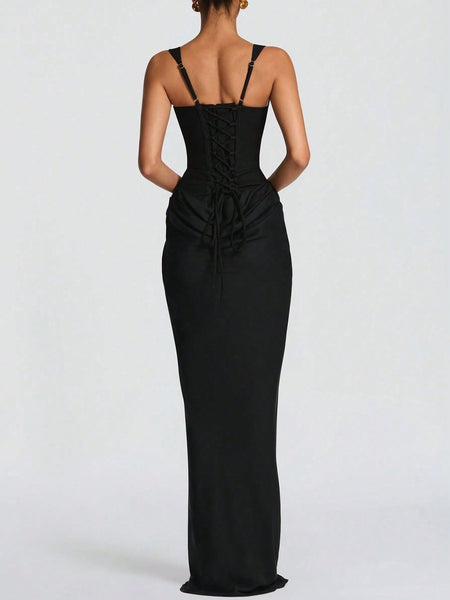 Strappy Ruched Girdle Satin Maxi Dress