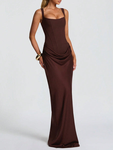 Strappy Ruched Girdle Satin Maxi Dress