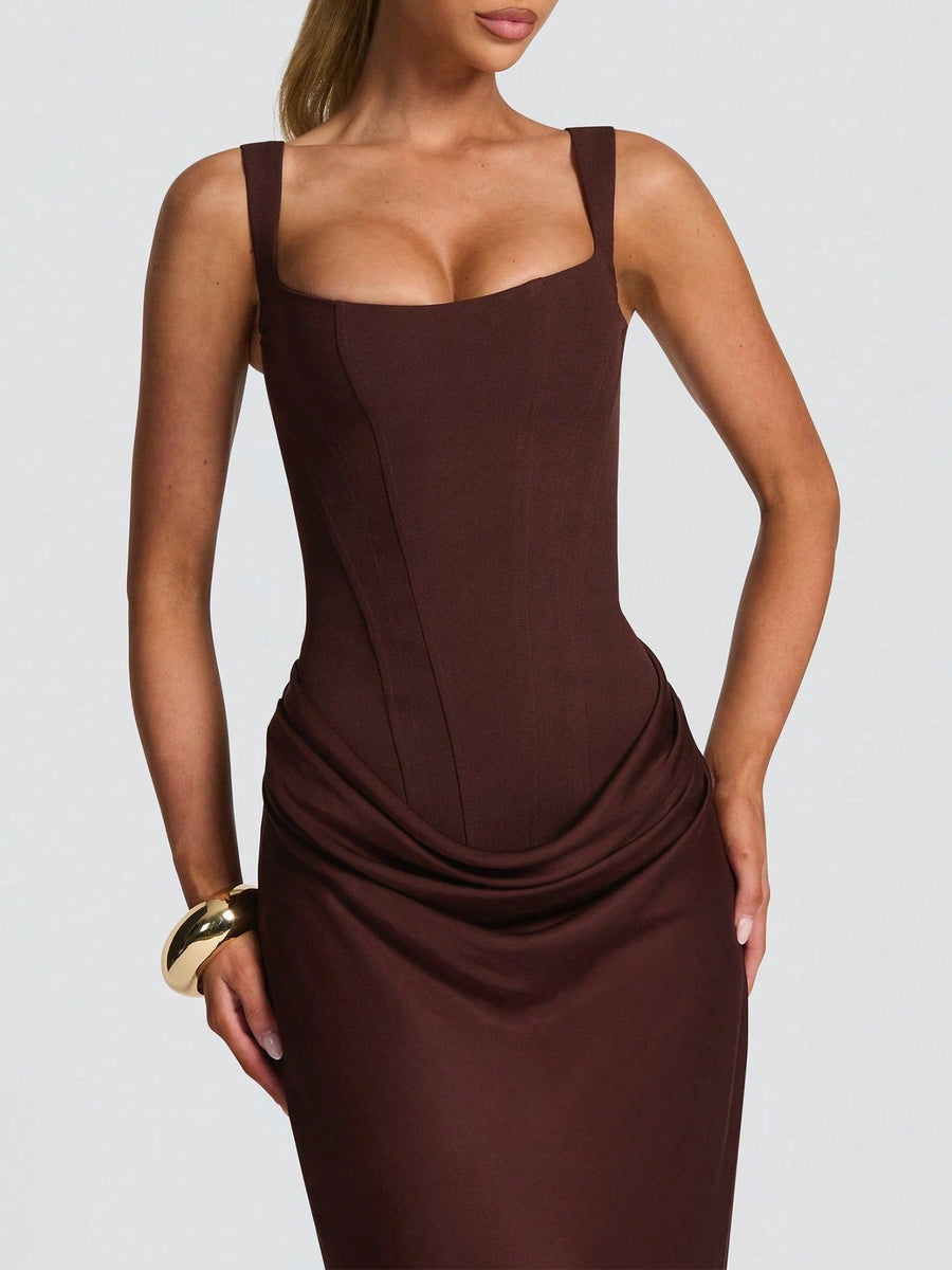 Strappy Ruched Girdle Satin Maxi Dress