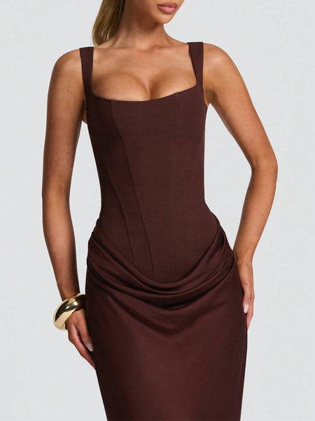 Strappy Ruched Girdle Satin Maxi Dress