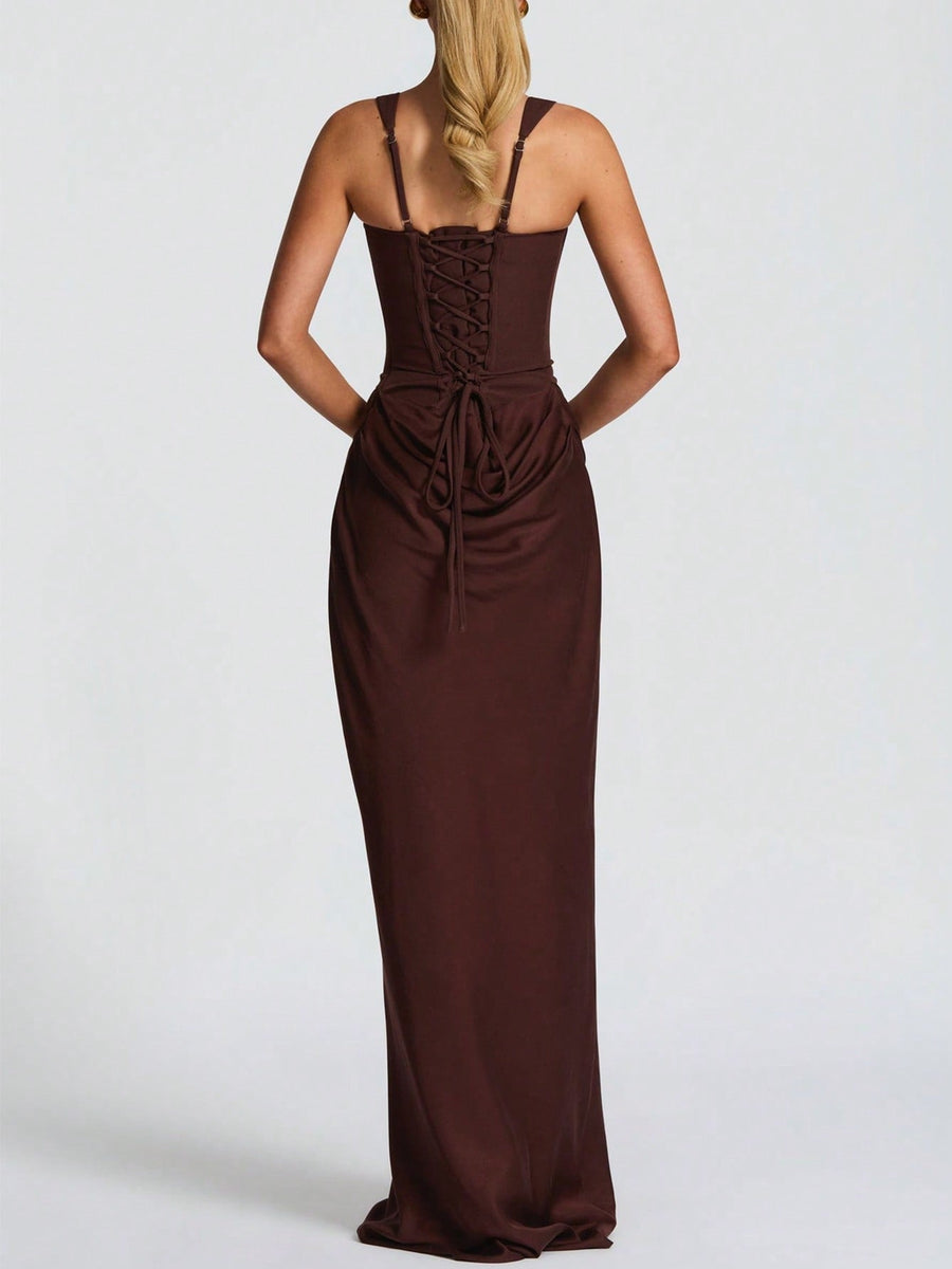 Strappy Ruched Girdle Satin Maxi Dress
