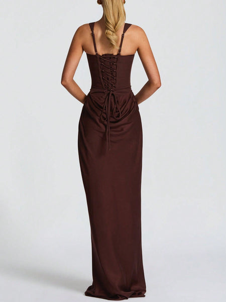 Strappy Ruched Girdle Satin Maxi Dress