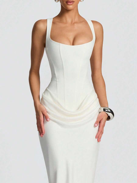 Strappy Ruched Girdle Satin Maxi Dress