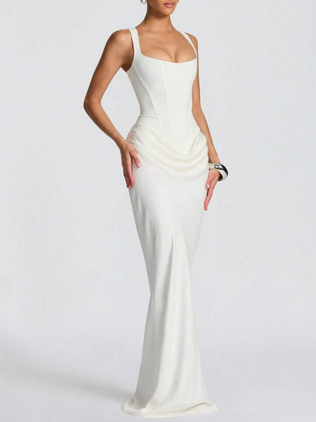 Strappy Ruched Girdle Satin Maxi Dress