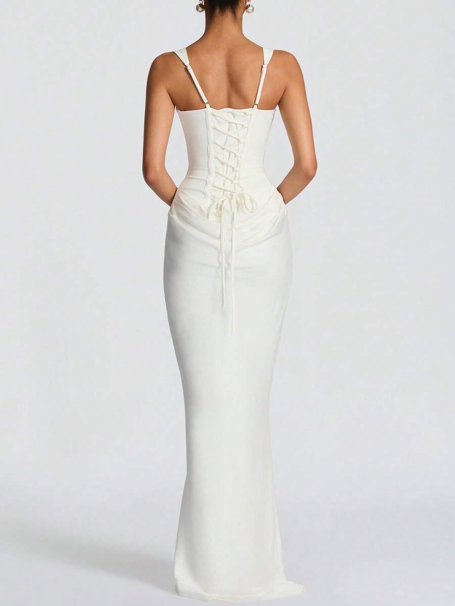 Strappy Ruched Girdle Satin Maxi Dress