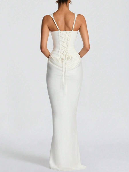 Strappy Ruched Girdle Satin Maxi Dress
