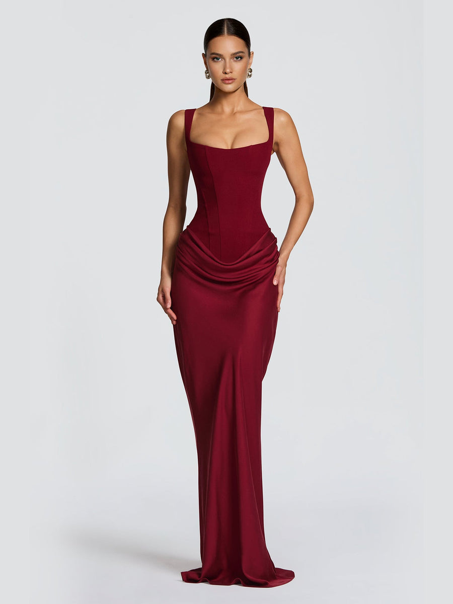 Strappy Ruched Girdle Satin Maxi Dress
