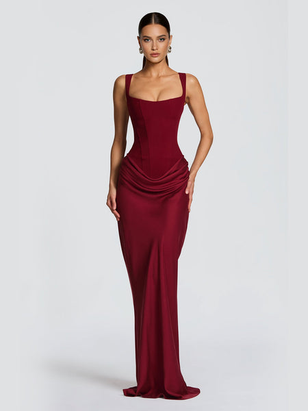 Strappy Ruched Girdle Satin Maxi Dress