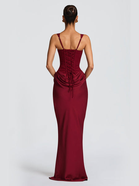 Strappy Ruched Girdle Satin Maxi Dress