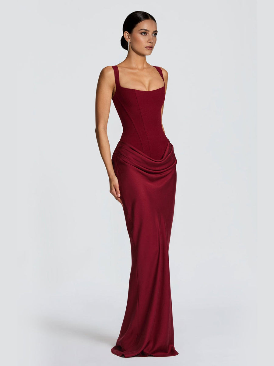 Strappy Ruched Girdle Satin Maxi Dress