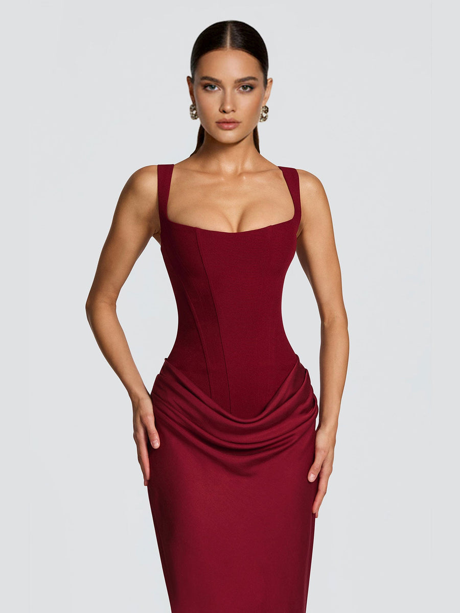 Strappy Ruched Girdle Satin Maxi Dress