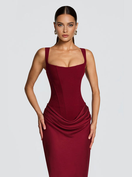 Strappy Ruched Girdle Satin Maxi Dress