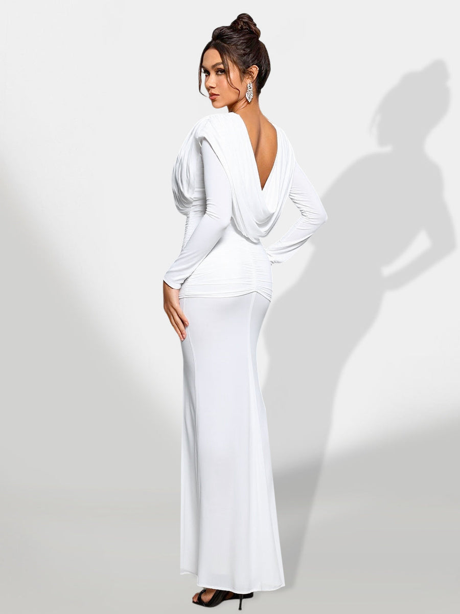 Elegant Pure White Ruched Maxi Dress for Chic Occasions