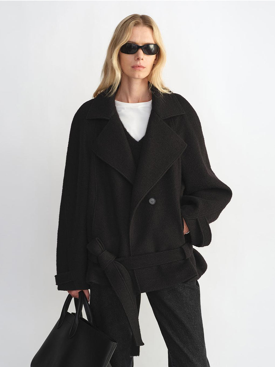 "Warm Cocoon" Italian Herringbone Wool Classic Lapel Micro-coon Short Wool Coat for Women