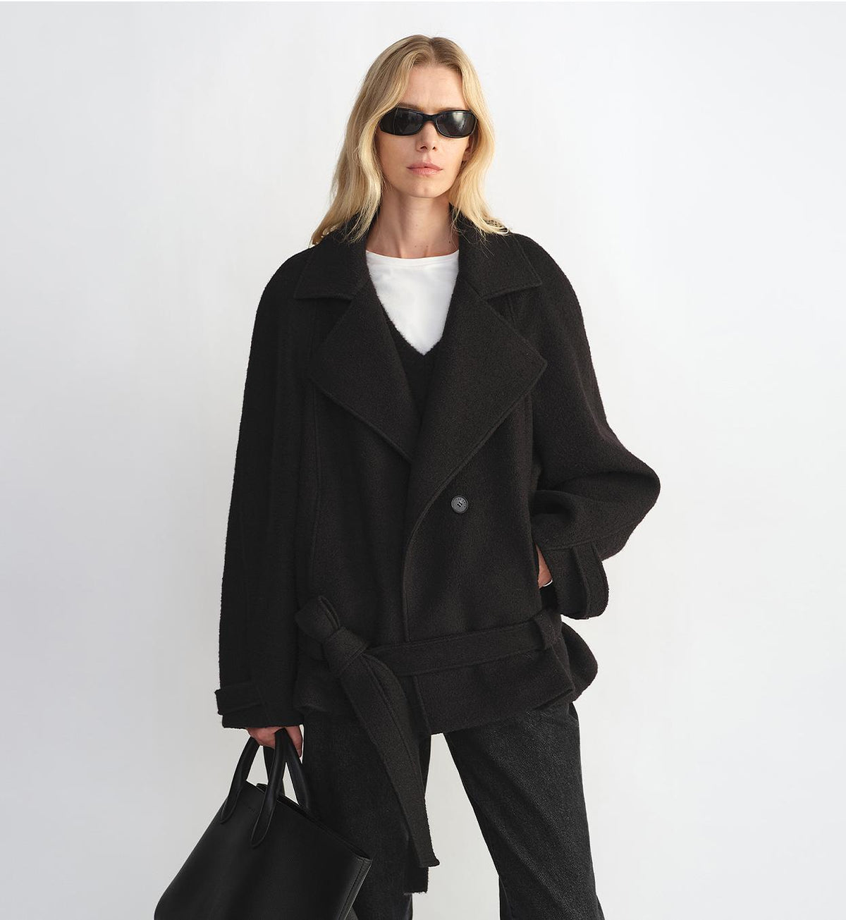 Ciel Monaco — "Warm Cocoon" Italian Herringbone Wool Classic Lapel Micro-coon Short Wool Coat, alternate view 6