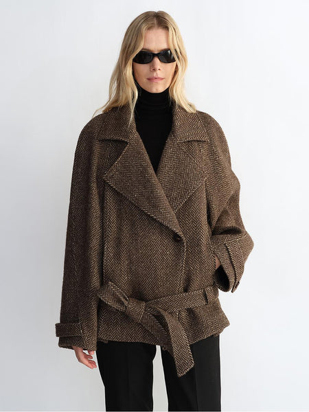 "Warm Cocoon" Italian Herringbone Wool Classic Lapel Micro-coon Short Wool Coat for Women