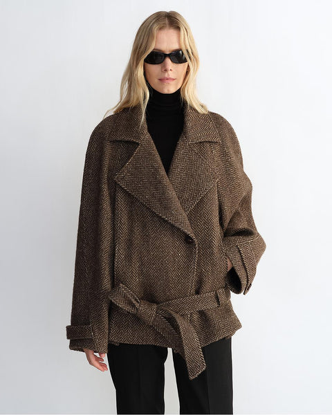 "Warm Cocoon" Italian Herringbone Wool Classic Lapel Micro-coon Short Wool Coat for Women