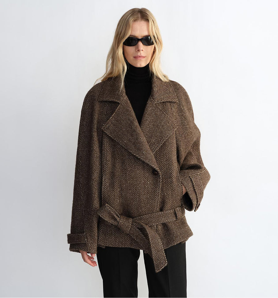 Ciel Monaco — "Warm Cocoon" Italian Herringbone Wool Classic Lapel Micro-coon Short Wool Coat