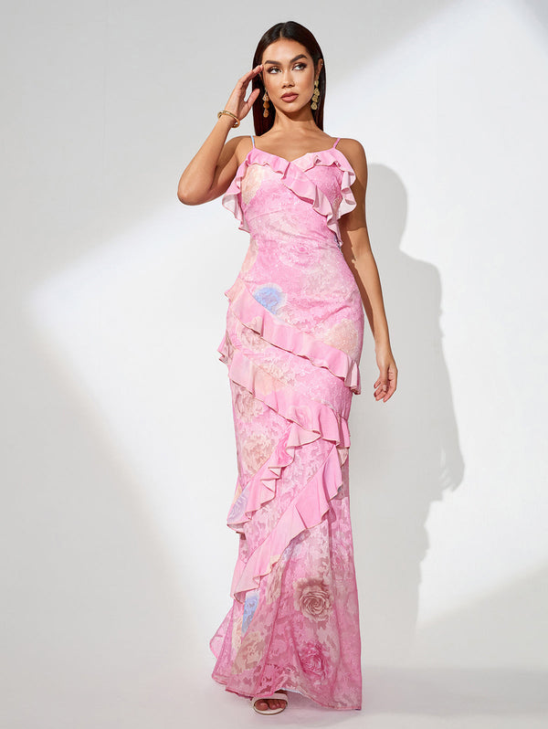 Open Back Jacquard Ruffle Maxi Dress - Opulent Empire