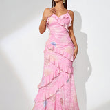 Open Back Jacquard Ruffle Maxi Dress - Opulent Empire